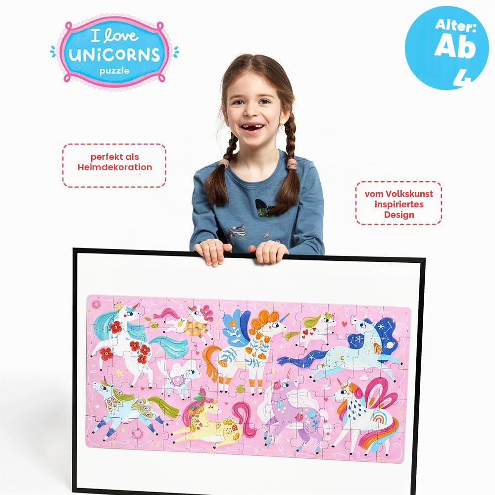 I Love Unicorns Puzzle 4+, 60 Teile Lernpuzzle für Kinder 4+, Bodenpuzzle Einhörner