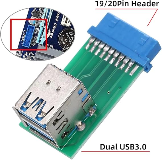 CY Vertical Dual USB 3.0 A Type Female to Motherboard 20 Pin Box Header Slot Adapter PCBA