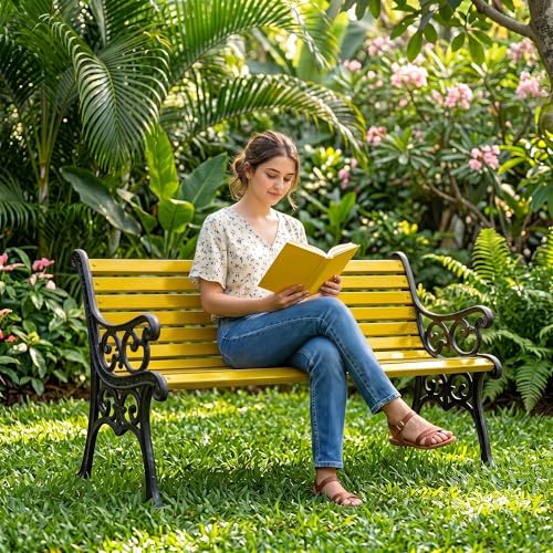 Image of BRISHI 3 Seater cast Iron Garden Bench for Indoor & Outdoor Park /Patio /Living Room /Terrace /Balcony (White) (Black + Yellow)
