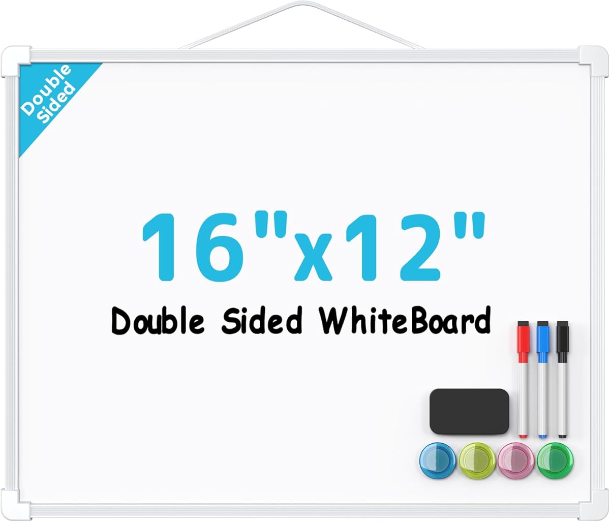 MaxGear Double-Sided Dry Erase Board for Wall, 16"x12" Hanging Whiteboard, Small Dry Erase White Board with 3 Markers and 4 Magnets, Portable Whiteboard for Planning, Drawing, Memo, to Do List