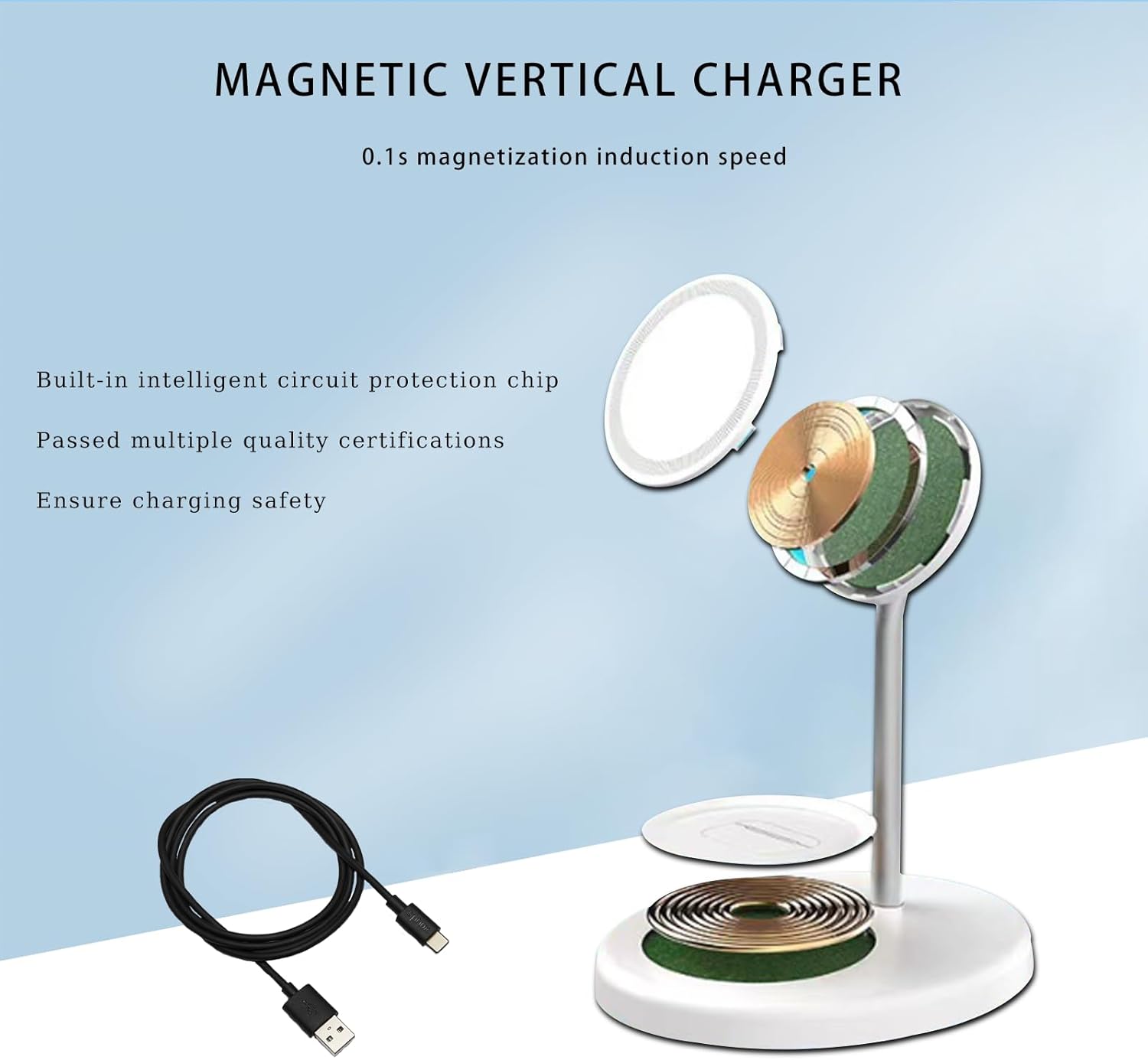 2 in 1 Wireless Charger Stand, Desktop Charging Station - 15W, Magnetically Attached Charging Pad, Automatic Induction Identification Charging with Qi-Certified