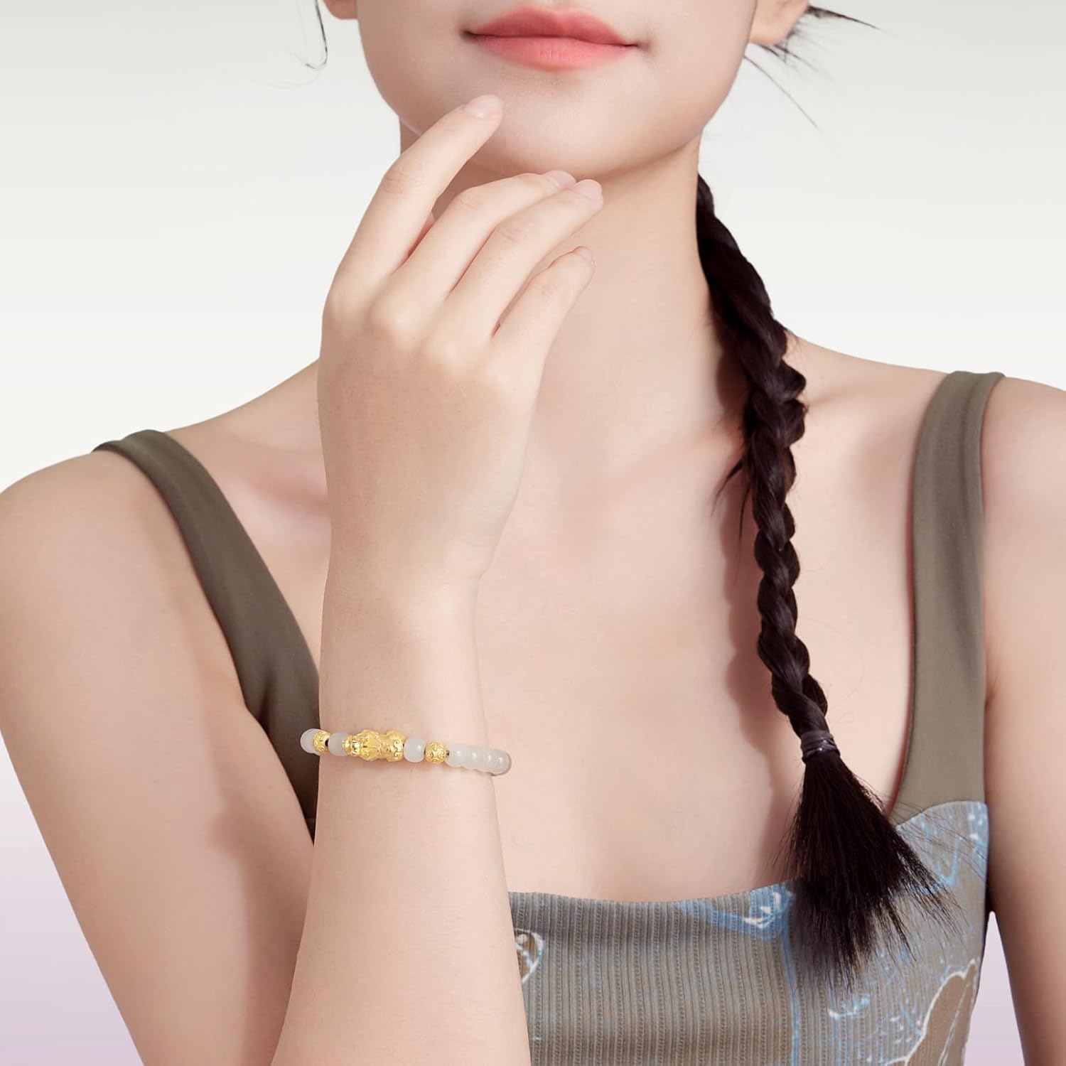 24K Solid Gold Feng Shui Bracelets Real Pure Gold Pixiu Beaded Bracelet Hetian Green Jade Dainty Jewelry for Women Her Mom Anniversary Birthday