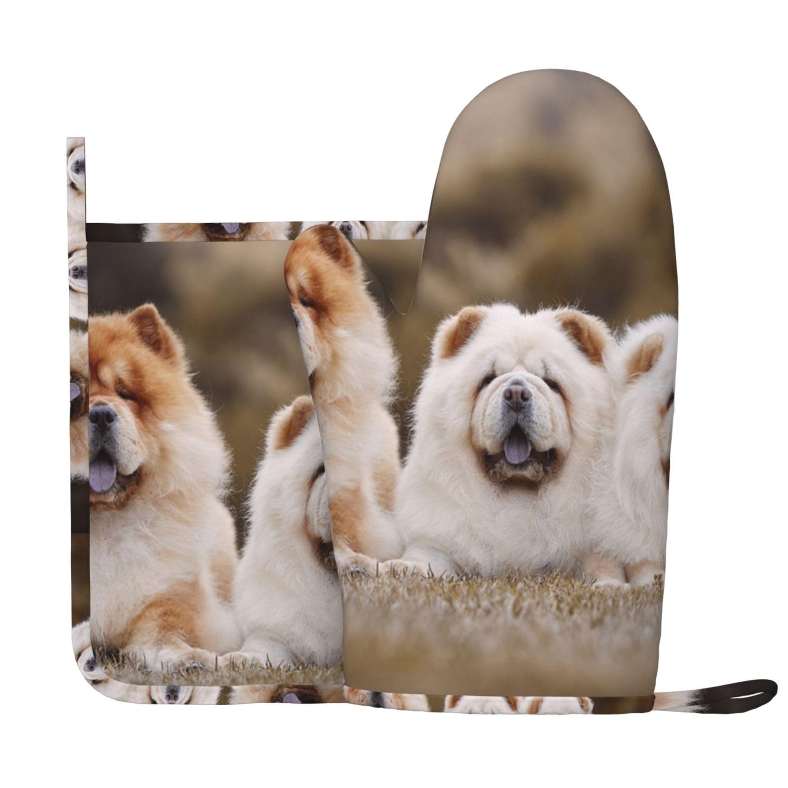 Chow-Chow Family Little Fluffy Puppies, Oven Mitts And Pot Holders Set, Washable Heat Resistant Non-Slip Kitchen Silicone Oven Gloves