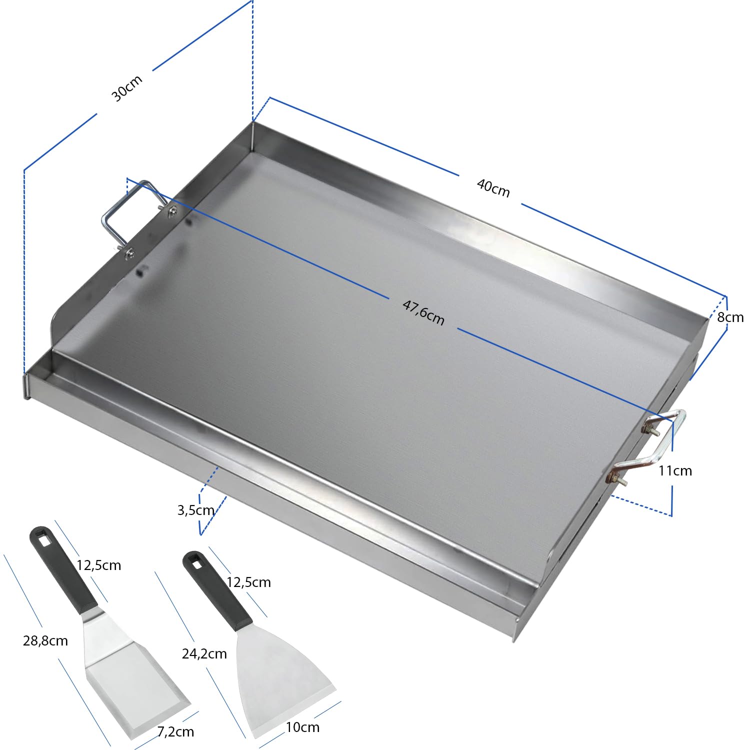 Plancha de acero inoxidable para barbacoa Weber | 40 x 30 x 8 cm | Plancha universal para gas y carbón | Juego con espátula y rascador