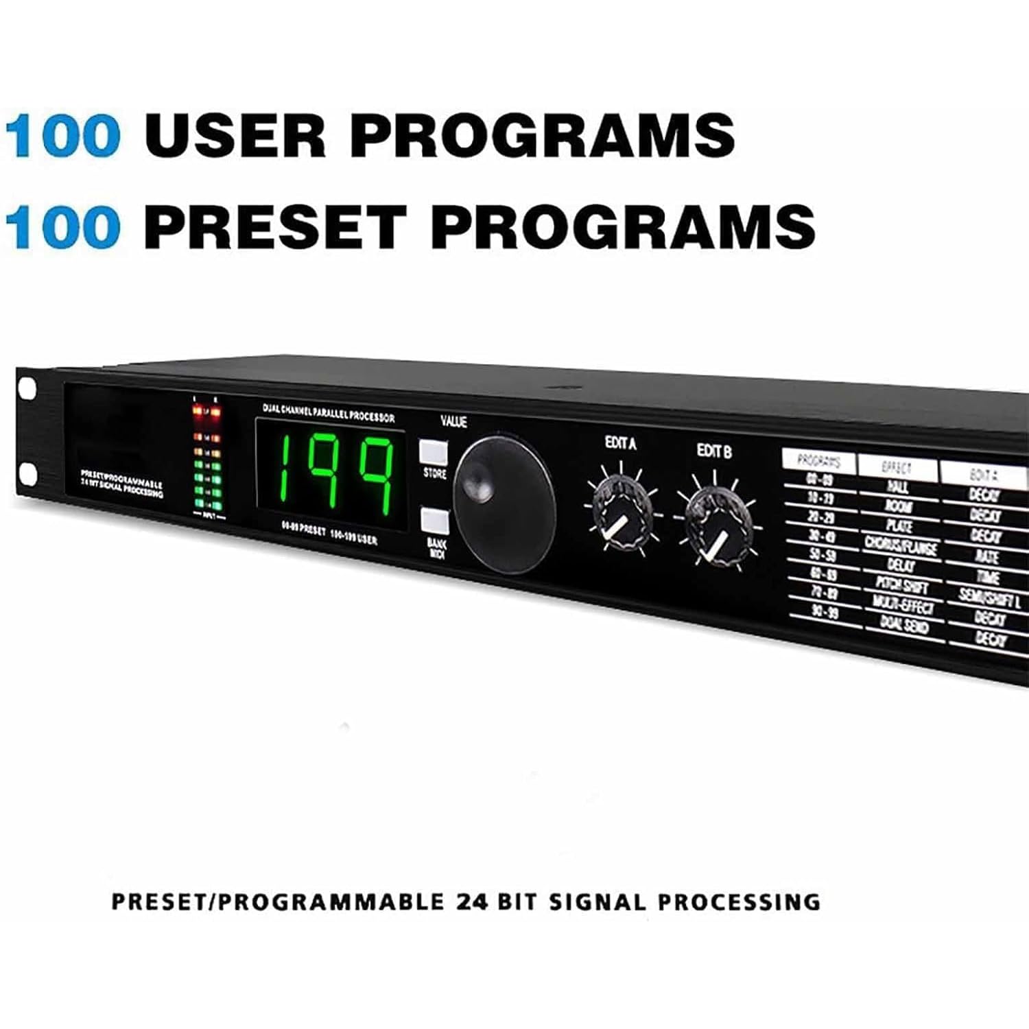Profesjonalny procesor audio, procesor Digital Reverb Multi Effect z 99 wstępnie ustawionymi programami, wstępnie ustawione/programowalne 24-bitowe przetwarzanie sygnału do studia, na scenę