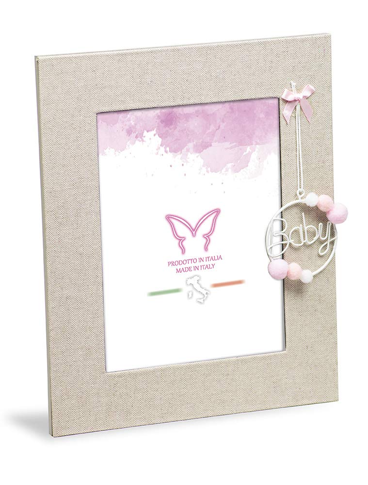Table Photo Frame for Girls cm 20x23.5 in Linen Fabric with Pink Decorations, Wooden Back Frame, Photo Size cm 13x18. Gift idea.