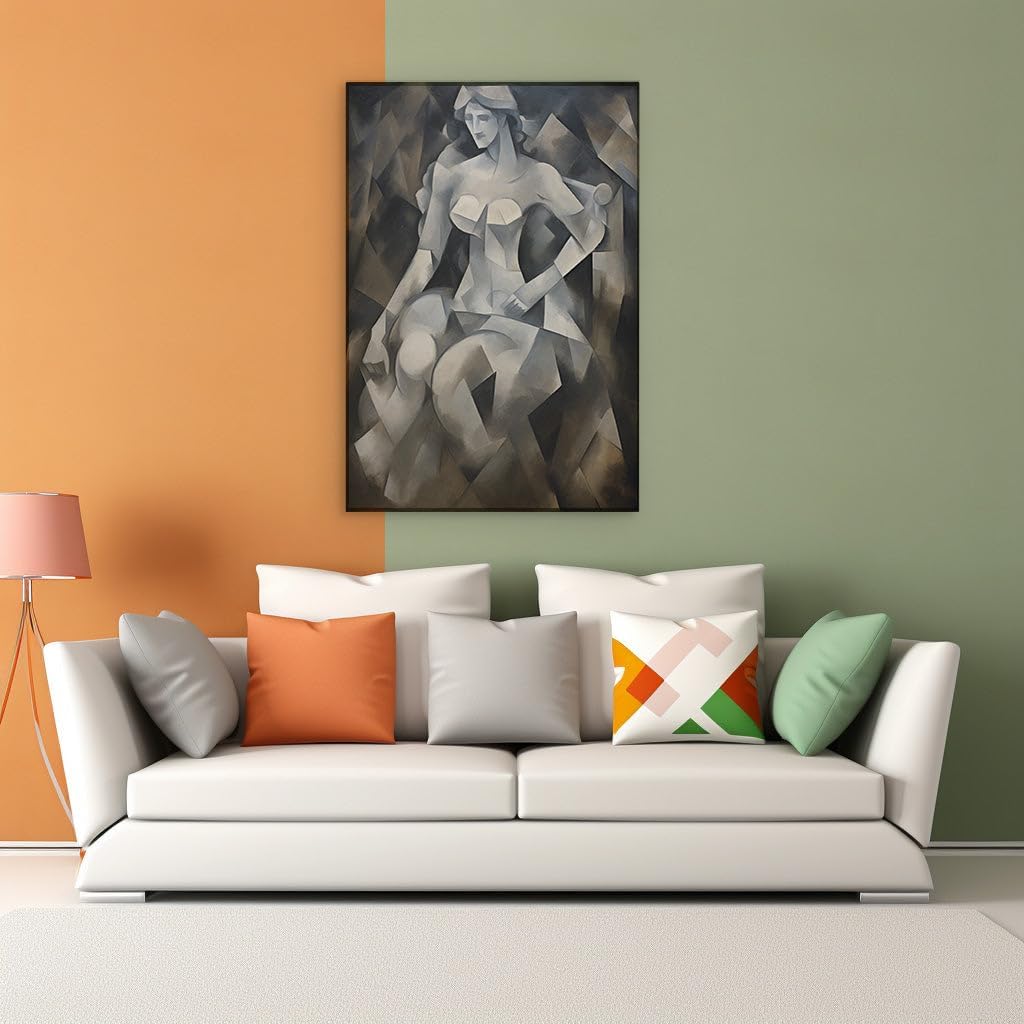 Canvas for Living room. Geometric Grace: The Cubist Contours of a Seated Woman in Grayscale, 27 x 18 inch Canvas Wall Art - Contemporary Masterpieces - Modern Home Decor