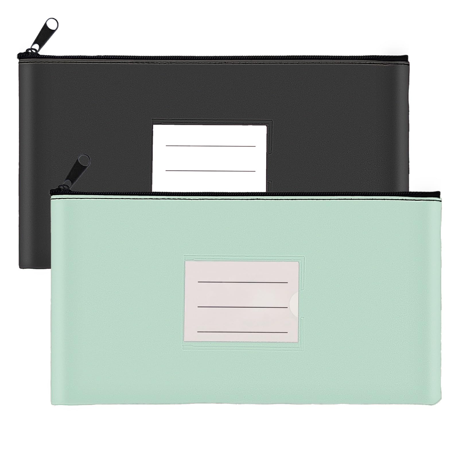 Photo 1 of 2-Pack Bank Deposit Money Bags with Zipper, PU Leather Cash Pouches with Label, 11.2 x 6.1 Inches, for Coins, Cosmetics, Bills, Tools, Black & Aqua Green