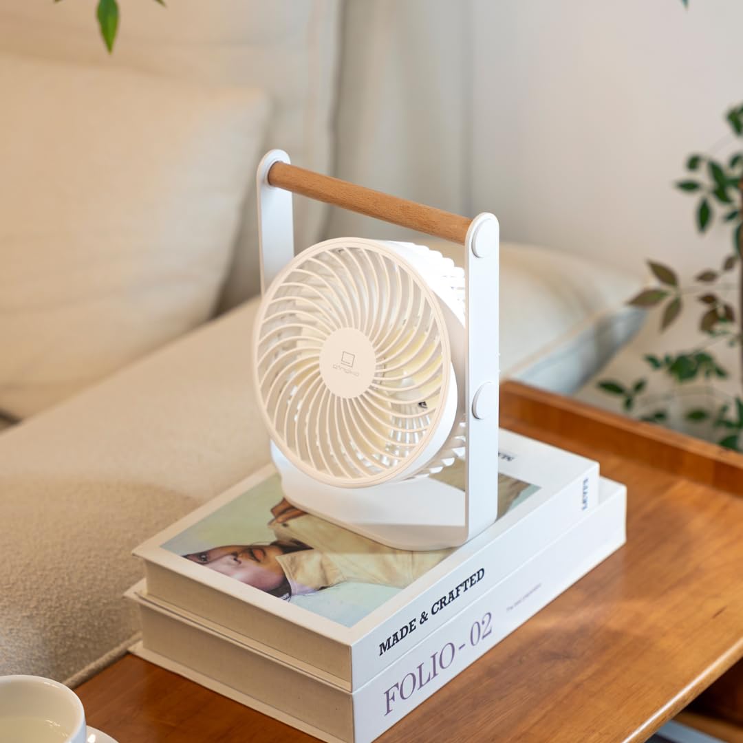 Gingko Lyra - Ventilador portátil - Ventilador de escritorio recargable por USB blanco lunar con mango de madera, ventilador de refrigeración silencioso ajustable de 360°, 3 velocidades + modo de