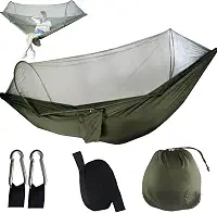 Rede de Camping com Mosquiteiro, Tamanho Casal, para Dormir e Descanso (Verde oliva verde)