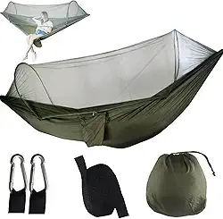 Rede de Camping com Mosquiteiro, Tamanho Casal, para Dormir e Descanso (Verde oliva verde)