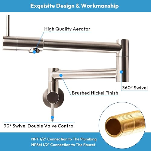 Miniatura 3 de Grifo de llenado de ollas de acero inoxidable de níquel cepillado, montaje en pared con brazos oscilantes de doble junta, grifo de cocina plegable