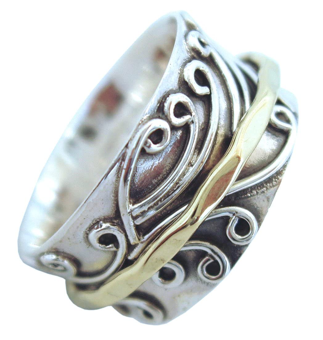 Energy Stone RADHA Meditationsring mit Messing Rotator auf Sterlingsilber 3D Blumenmuster Basisring (Stil UK05)