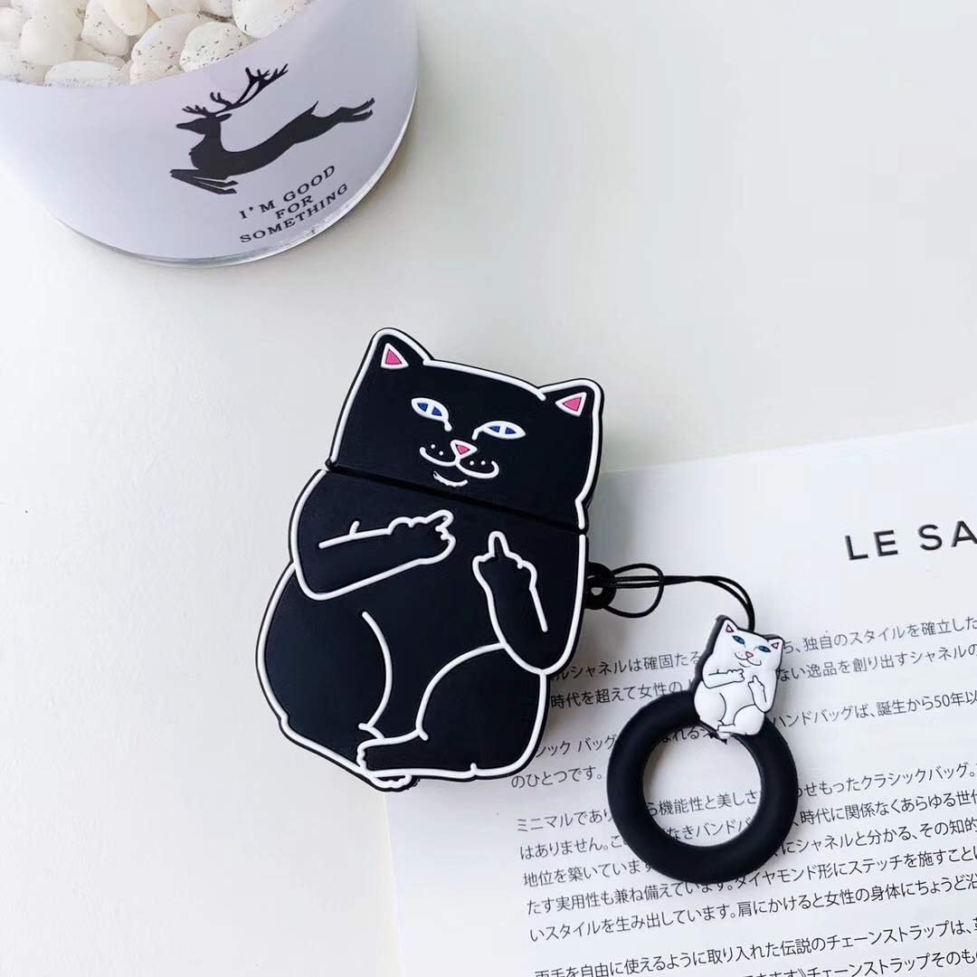 Airpods Case,New 3D Cartoon Case Middle Finger cat Case for Apple Airpods 1&2, Airpods Shockproof Protective Premium Silicone Cover and Skin for Apple Airpods 1&2 Charging Case (Black)