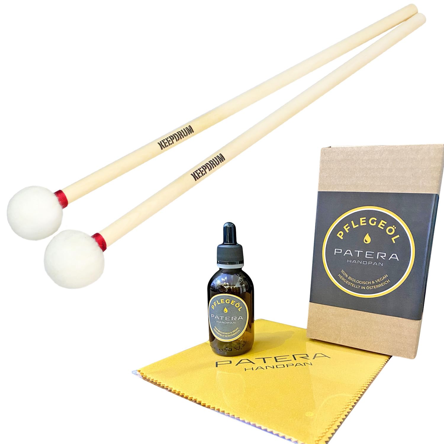 Set Accessori Per Handpan - Olio Per Cura Patera 50 Ml + Panno + Battenti Morbidi Keepdrum, Per Manutenzione E Suono