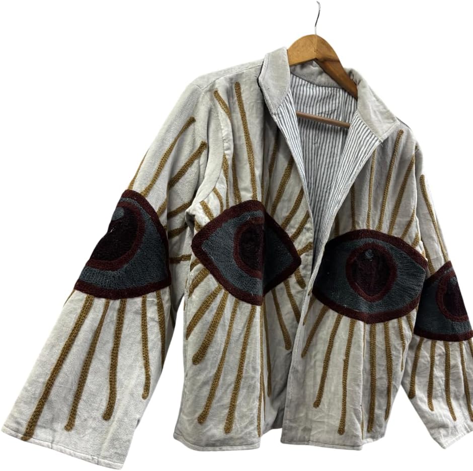 Embroidered Evil Eye Motif Jacket, Beige, Cotton Blend, Long Sleeve, Collared, Striped Lining, Artistic Design