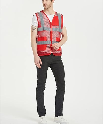 Miniatura 5 de TOPTIE Chaleco de voluntario unisex de malla grande de EE. UU., chaleco de seguridad con cremallera frontal con tiras reflectantes y bolsillos,