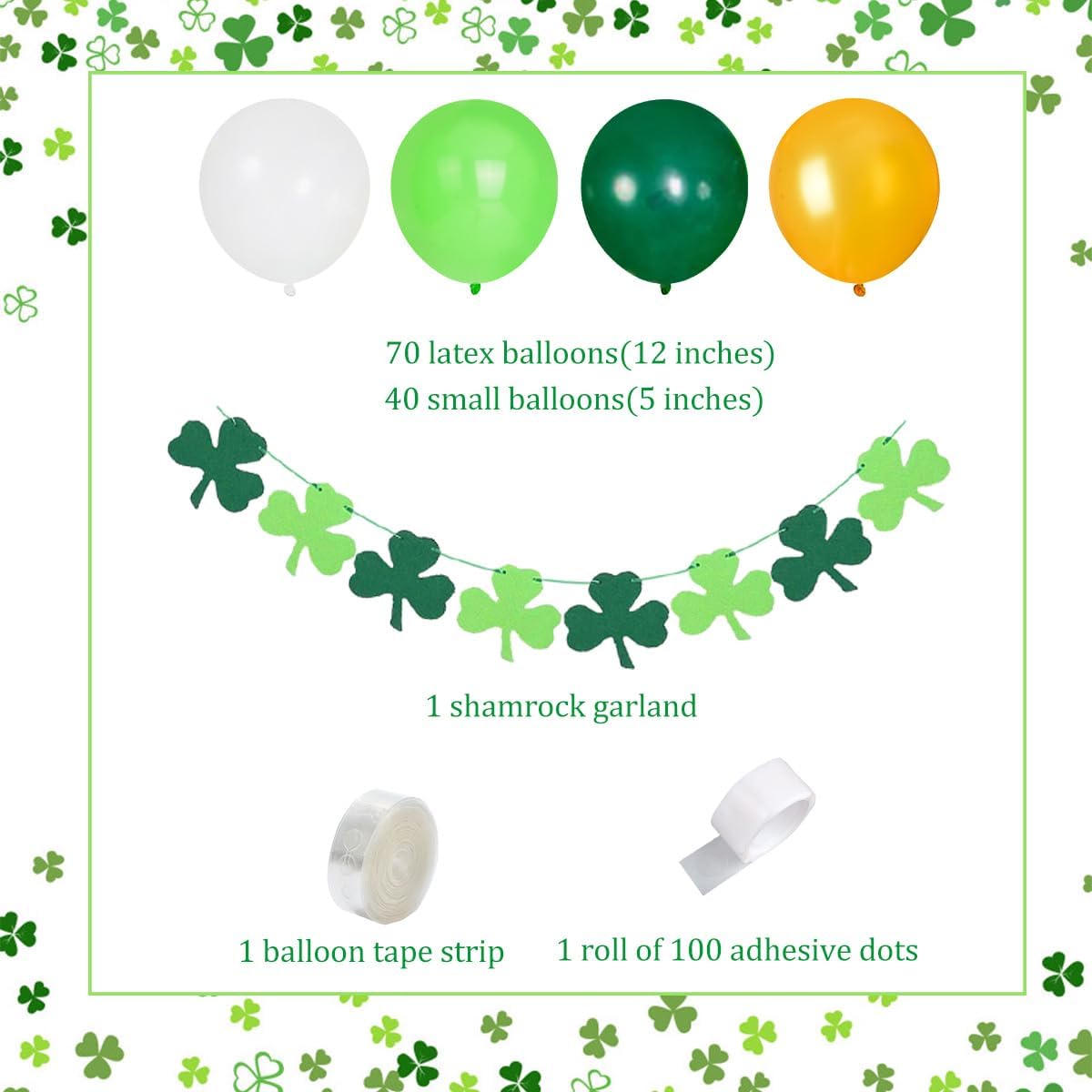 St. Patrick’s Theme Balloon Garland Decorations for Lucky Irish Party, Shamrock Garland Balloon Arch Kit Green and Gold