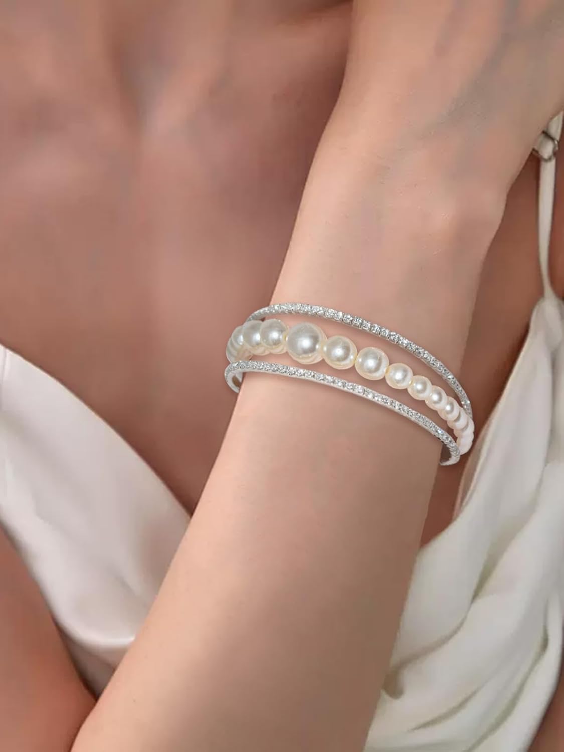 Multi Row Crystal Pearl Cuff Rhinestone Bridals Bangle Layered Beads Cuff Bracelet for Women - Image 2