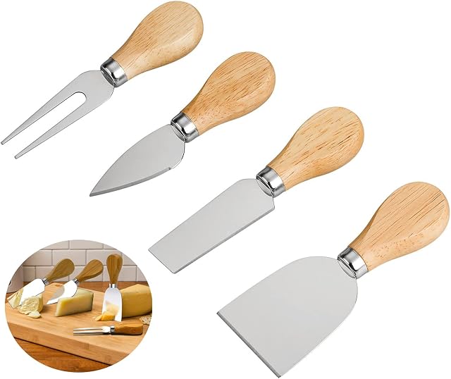 4Pcs Cheese Knife Set, Stainless Steel Cheese Knives Cheese Fork Cheese Shovel with Oak Handle for Parties and Picnics