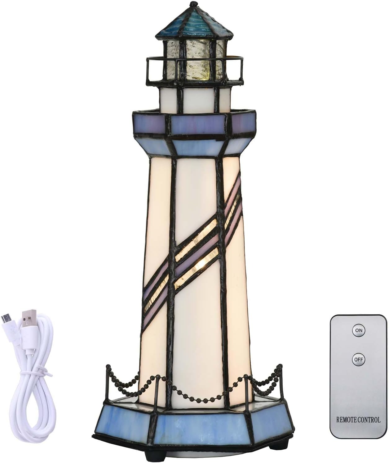 L10776 Lighthouse Tiffany Style Stained Glass Accent Table Lamp Night Light for Home Decoration (5x5x11, Blue)
