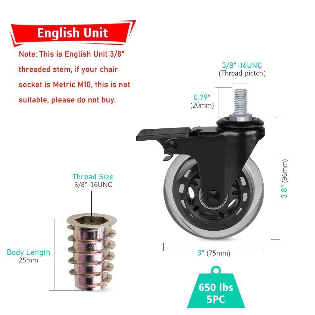 Hirate 3 inch Caster with 3/8"-16UNC Threaded Stem(2 Casters with Brake Lock, 3 Without), Lockable Bearing Swivel Stem Casters with Screw Inserts Safe for All Type Floor