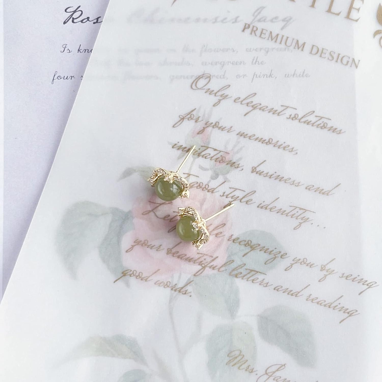 Natural Hetian Jade & Zircon Earrings for Women, Dainty Lucky Green Jade Square Charm Pendant Jewelry Studs, Handmade Stud Earrings for Mom Lover Her (925 Sterling Silver with Gold Plated) - Image 6