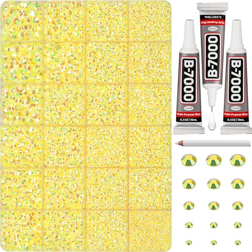 33000Pcs Yellow Rhinestones for Bedazzling Mix Sizes 2 3 4 5 6mm Flatback Gems Bedazzler Kit with B7000 Glue Resin Flat Back Crystal Diamond Gemstone Jewel Rhine Stone for Crafts Clothes