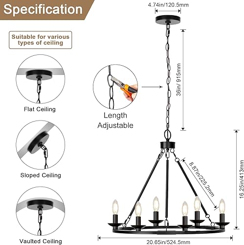Miniatura 2 de Candelabro negro de granja, lámpara de 6 luces con ruedas de carro con altura ajustable, lámpara de comedor, luces colgantes para isla de cocina,