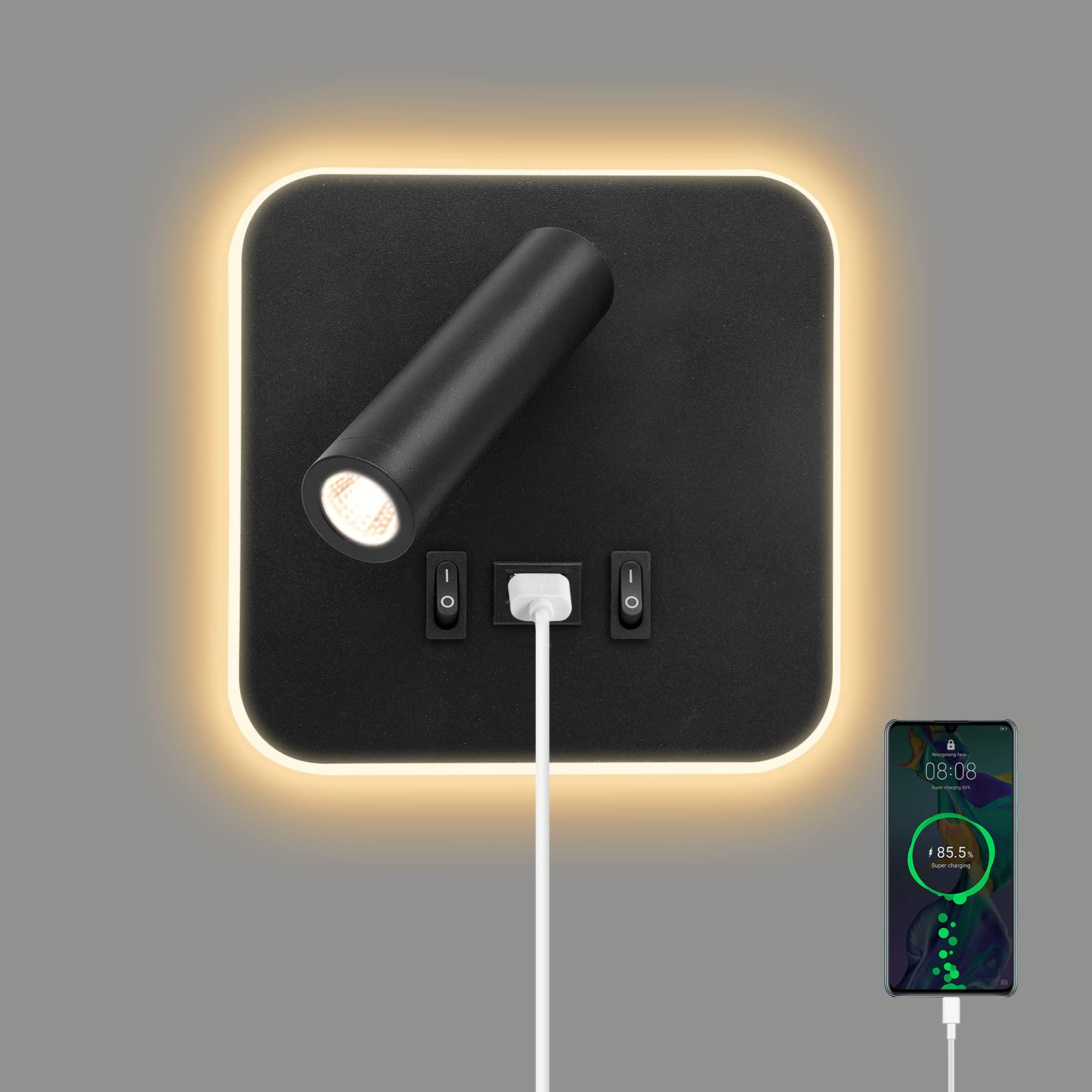 LED Bedside Wall Light, Wall Mounted Reading Spot Lights with Switch and USB Port, Rotatable Wall Sconce Spotlight for Bedroom, Hallway, Stairs, Hotel, Adjustable 3000K Lighting, 3W+9W LED [Energy Class A]