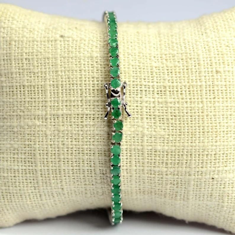 Women's Sterling Silver with 2mm Lab Created Emerald Stones, Classic Design Tennis Bracelet Size - 6 to 84