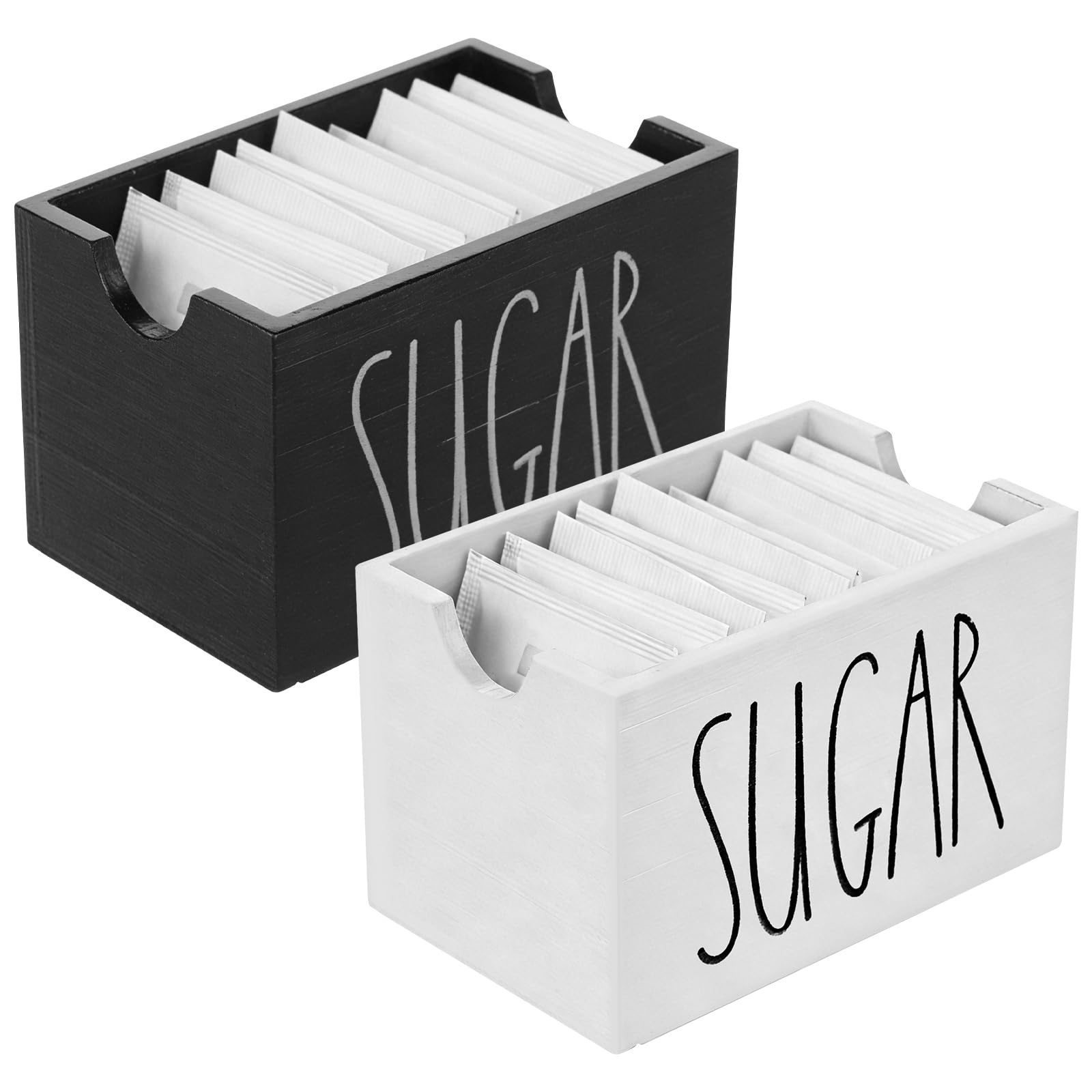 Kuanght Black+White 2Pcs Sugar Packet Holder For Coffee Bar 8.5X5.5x5cm, Wooden Sugar Packets Caddy, Farmhouse Sugars Cube Holder, Compact Tea Bag Organizer For Table, Office, Hotel And Restaurant