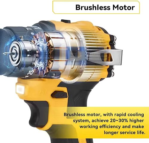 Miniatura 7 de Taladro sin escobillas compatible con batería Dewalt de 20 V (sin batería), inalámbrico de 2 velocidades (0-450/1800 RPM), par de torsión 25+1,