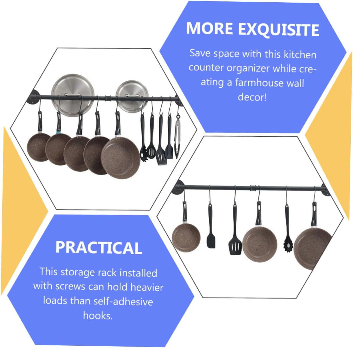 Wall Mounted Pot Rack with Hooks Iron Skillet Organizer Kitchen Storage Solution for Pots and Pans Space Saving Hanging Storage for Home