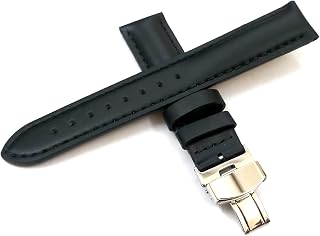 20mm Genuine Leather Black With Black Stich Watch Band Strap for Men and Women | Comfortable and Durable Material | Deployment Silver Buckle