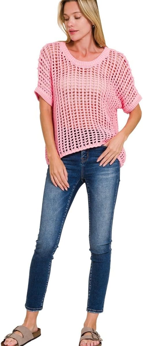 Fish Net Short Sleeve Crochet Knit Cover Up