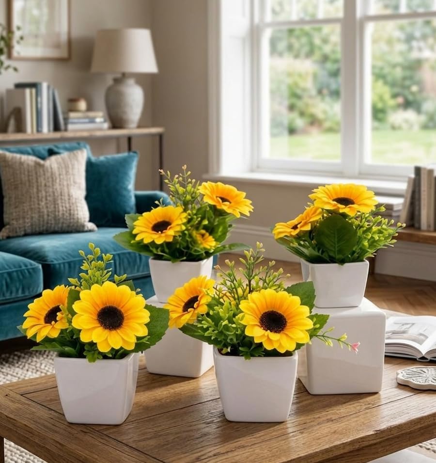 Image of Artificial Sunflower Bonsai, Fake Flower Pot (Pack of 4) Artificial Plant for Home Decor & Office Decor, Indoor Plant, Faux Plants for Balcony Decoratin & Living Room Decoration, Gift Item