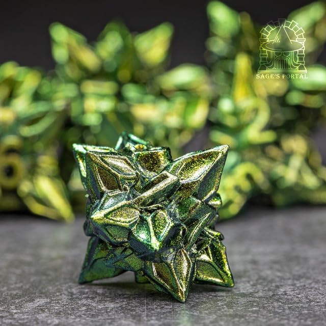 Sage's Portal Deadly Blossoms Metal DND Dice 7 Piece Polyhedral Dice Set for DND TTRPG Dungeons and Dragons Pathfinder Oversized Designer Ornamental Dice (Green)
