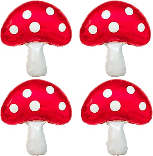 4 globos de aluminio de hongos grandes de 31 pulgadas, globos de hongos rojos de hadas, plantas de jardín, para cumpleaños, baby shower, decoración