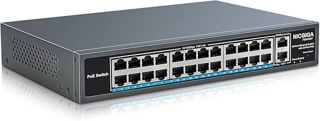 NICGIGA 26 Port PoE Switch with 24 Ports 10/100Mbps PoE+@400W, 2 Gigabit Uplink Ports, VLAN Mode, Sturdy Metal Case and Desktop/19 inch RackMount, Plug and Play, Unmanaged(FS2420GP)