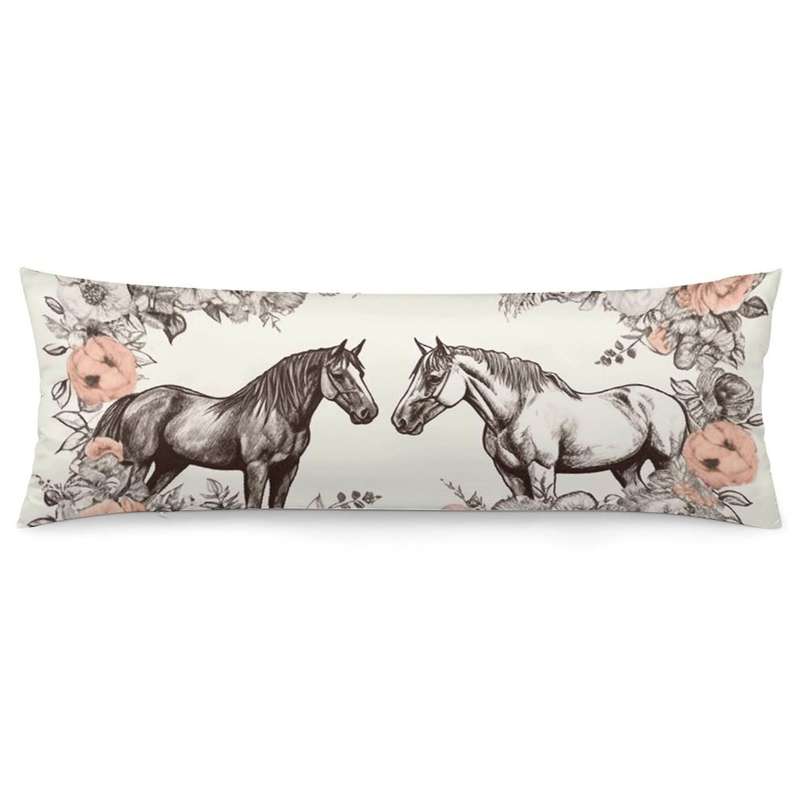 2 Pack Pillow Cases for Hair and Skin, Soft Breathable Pillow Case Covers with Hidden Zipper, Flowers and Horses Hand Drawn Pillowcase 20"x54" Pillow Covers for Sleeping Gift