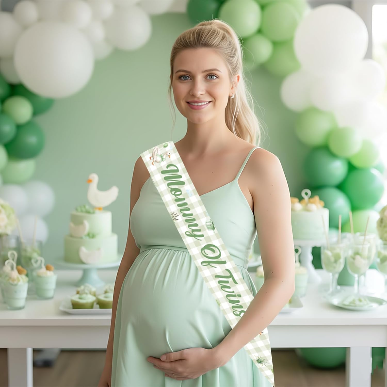 Silly Goose Twins Baby Shower Decorations Sash Green Gingham Goose Mommy of Twins Sash Gifts for Mom-to-Be Silly Goose Baby Shower Gender Reveal Pregnancy Announcement Party Supplies Favors