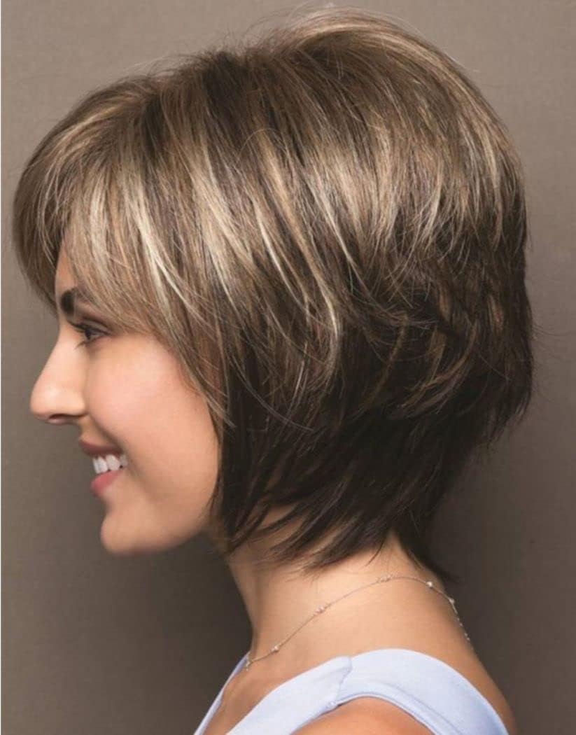 Pelucas sintéticas cortas y rizadas de corte pixie con gorro de peluca para mujer (Castaño Rubio Mixto)