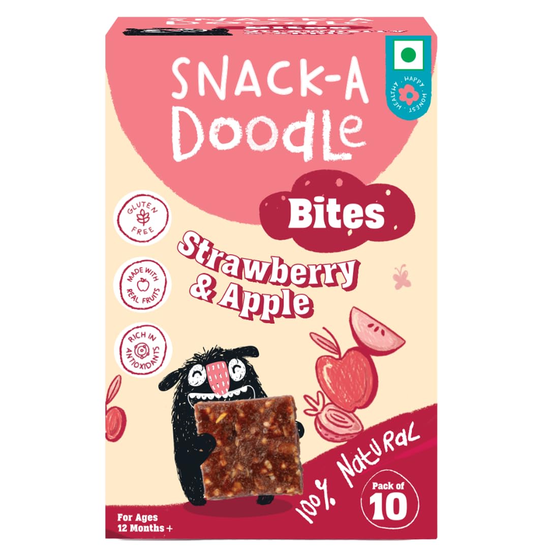 Snack-a-Doodle Strawberry Apple Bites | Nutritious Healthy Snacks for Kids | No Added Sugar | Sweetened with Fruits | Vegan & Gluten-Free | Perfect for Tiffin, Evening Snacks & Travel | 150g