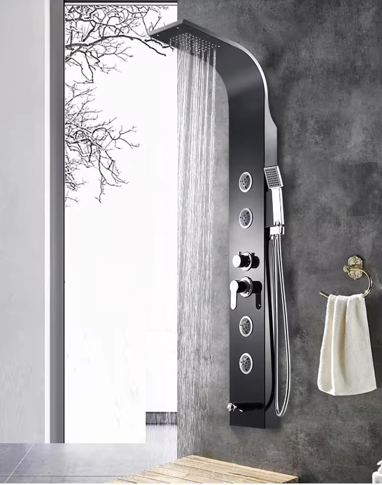 B Backline Wall Mount Shower Panel for Bathroom Full Set | 4 In 1 Shower System | Overhead Waterfall Shower | 3 Body Jet | Hand Shower | Shower Panel for bathrooms (Black Glossy)