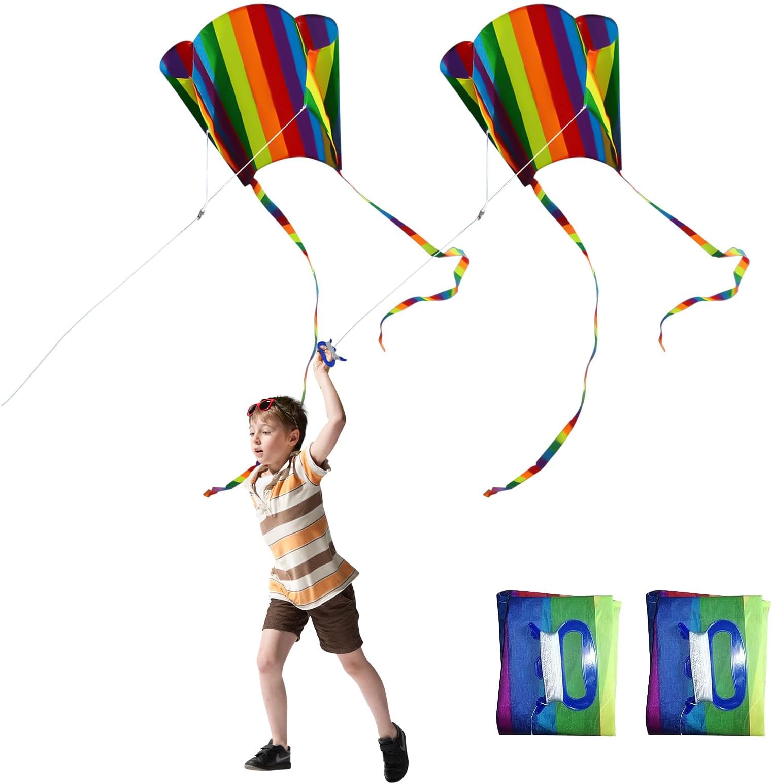 SKHAOVS 2-Piece Rainbow Kite Set - Colorful Kites with Long Tails, Easy Flyer for Kids, Beach Game & Outdoor Activity for Beginners