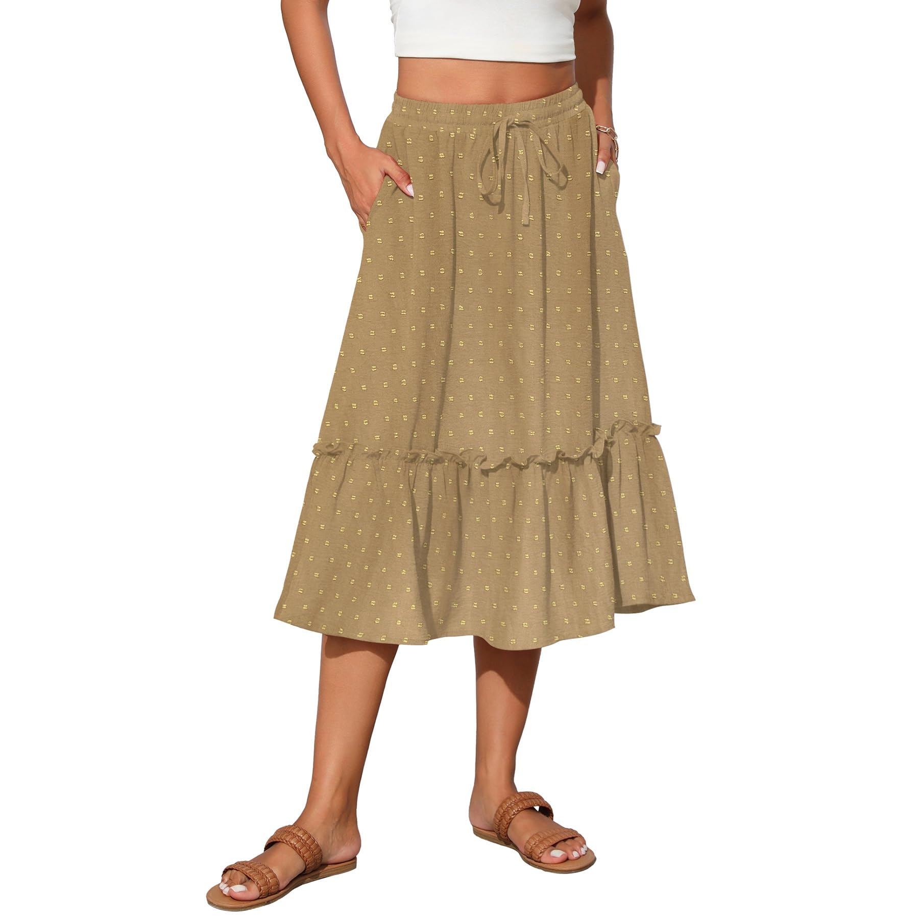 Witsmile Womens High Waist Tiered Midi Skirt Flowy Long Length with Pockets