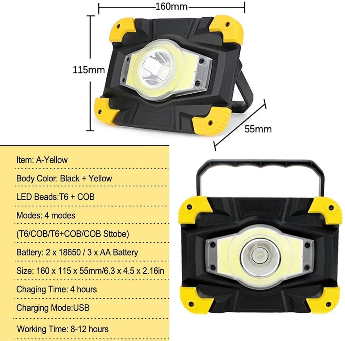 Luce da lavoro ricaricabile, faretto da esterno USB da 10 W, impermeabile IP65, luce di sicurezza con 4 modalità di illuminazione per giardino e garage