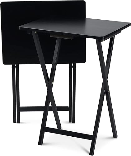 Miniatura 86 de PJ Wood Mesa rectangular plegable portátil para servir aperitivos, construcción de madera maciza con acabado natural (juego de 4 piezas)