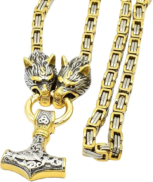 JAOYU Men Wolf Head Viking Necklace Thor's Hammer Pendant Mjolnir Necklace Norse Jewellery - Stainless Steel King Chain